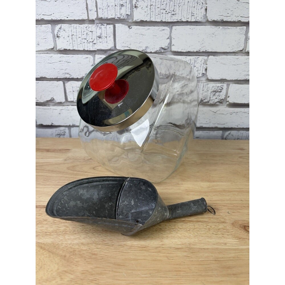 Vintage Glass General Store Tilted Penny Candy Glass Jar Red Knob Chrome Lid +++